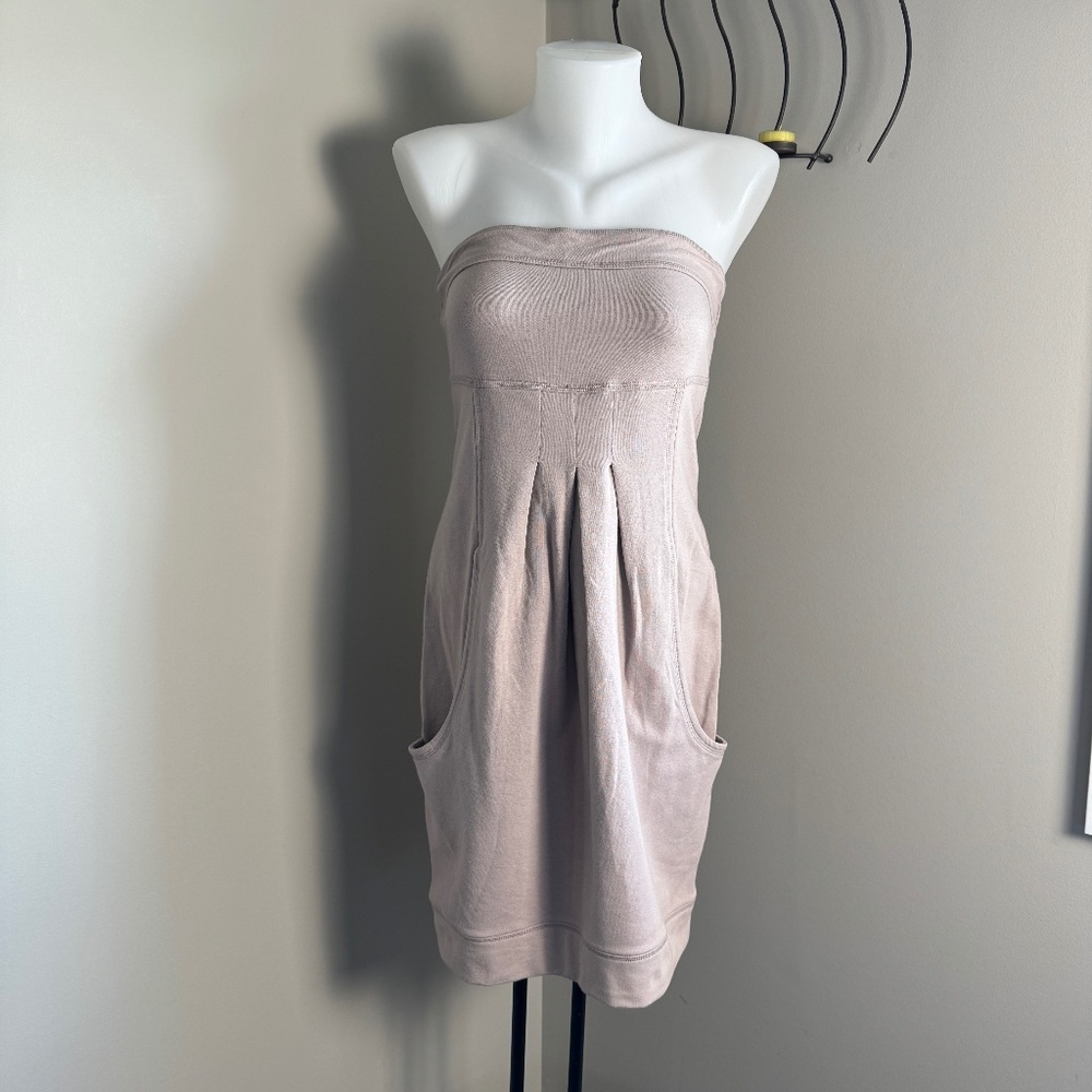 Moda International Strapless Tube-Top Knee‎ Dress Beige Medium Pockets Festival